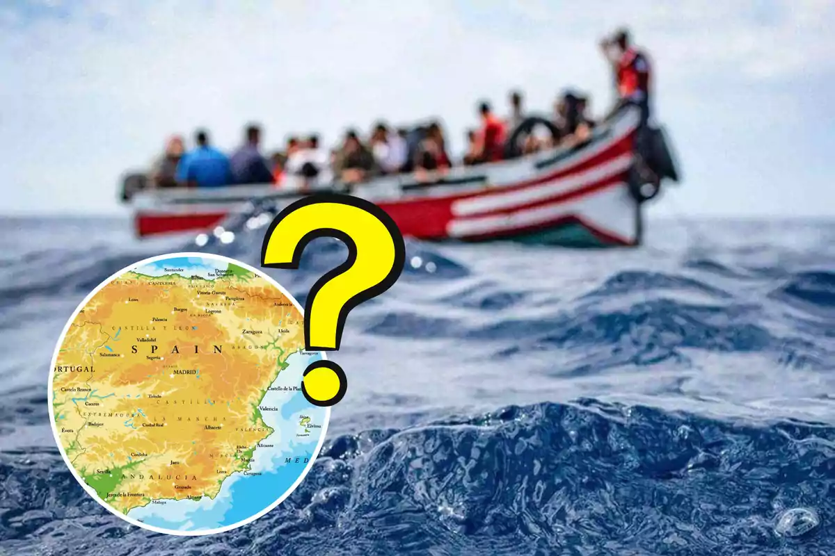 Una imagen muestra un bote lleno de personas en el mar, con un mapa de España y un signo de interrogación superpuesto en primer plano.