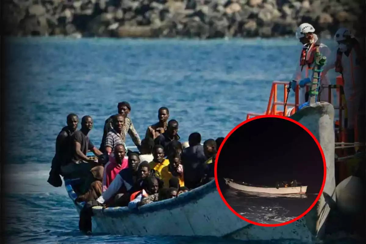 A group of people on a boat in the sea with a red circle showing a smaller image of another boat at night.