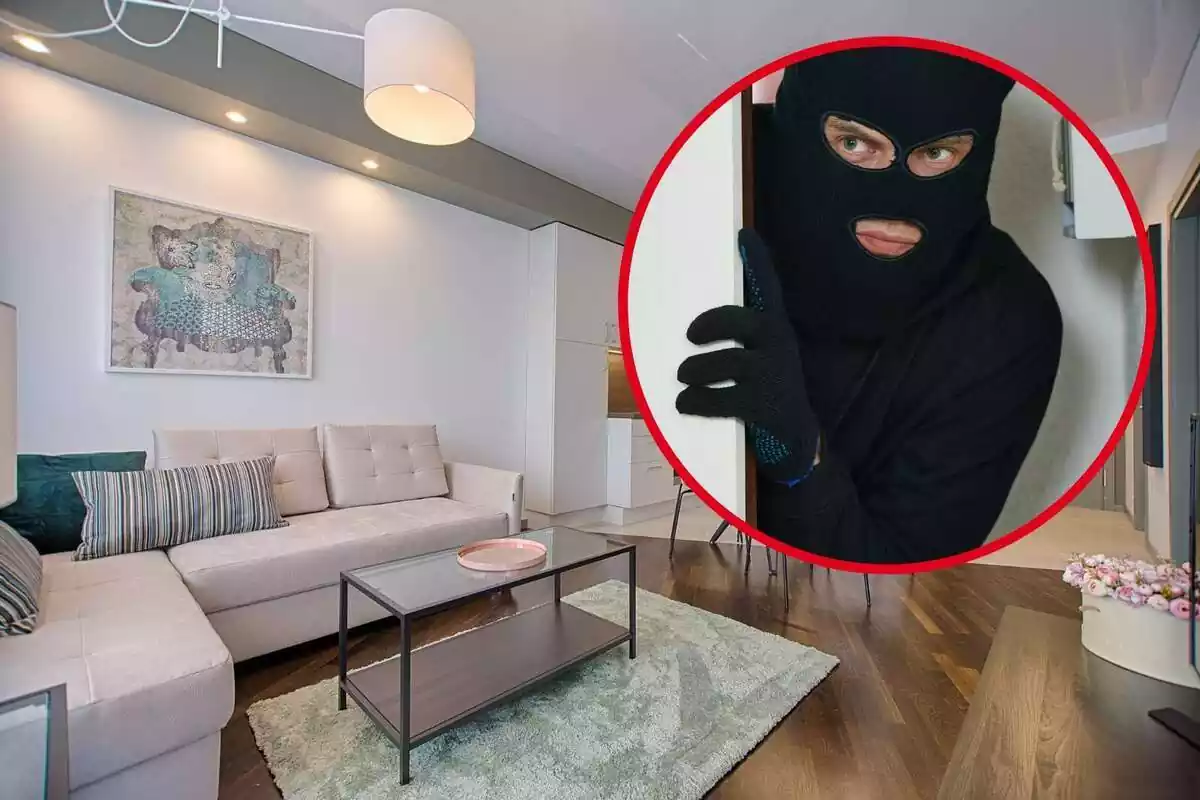 Montaje con el interior de una casa y un círculo con un ladrón vestido con ropa negra y la cara tapada