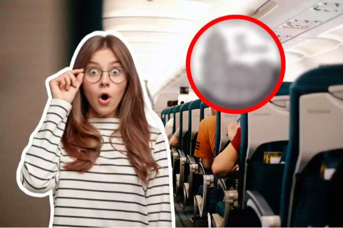 Una mujer con expresión de sorpresa y gafas está superpuesta sobre una imagen de un avión con un círculo rojo que resalta algo borroso en el fondo.