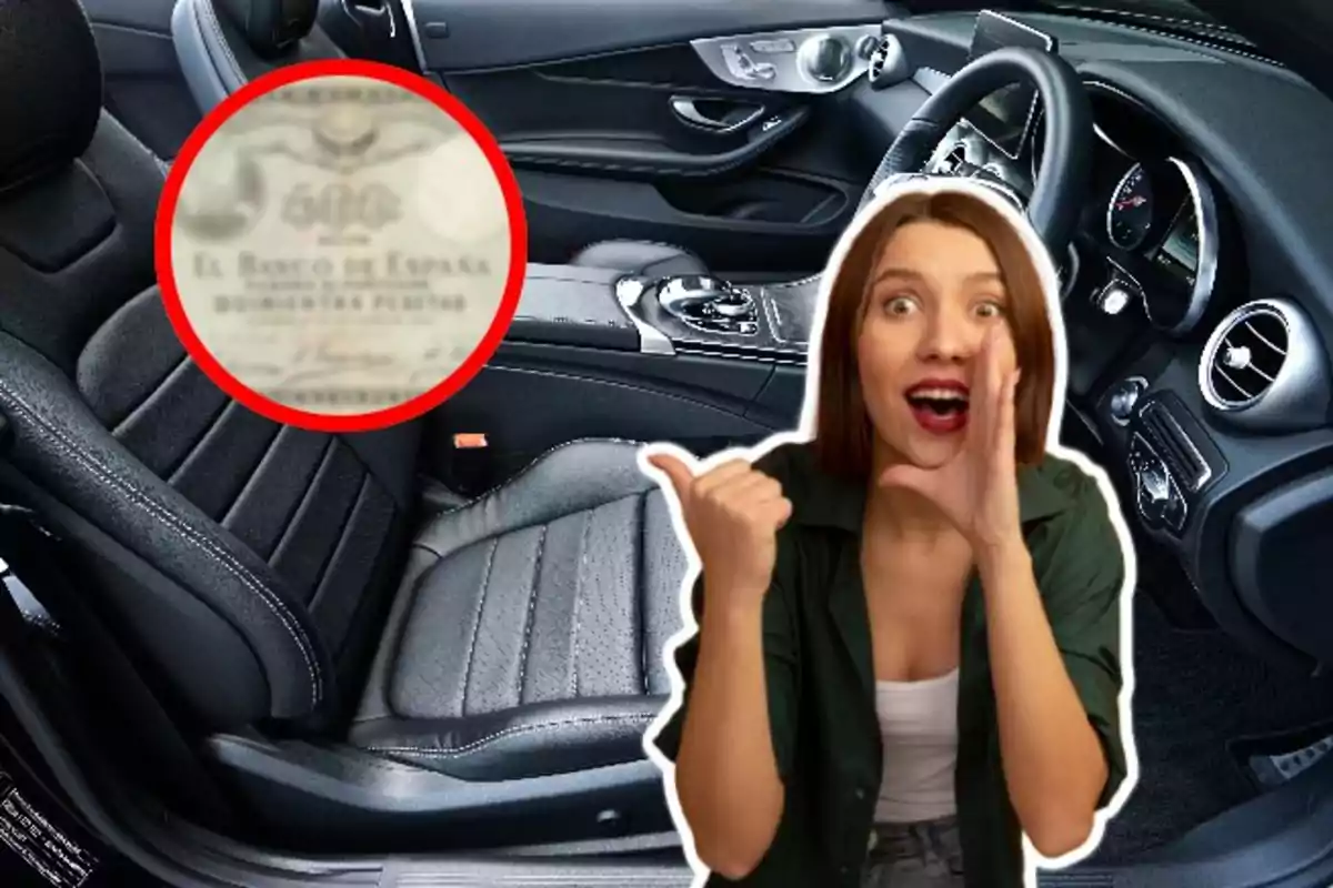 An excited woman points to the inside of a car with an old bill highlighted in a red circle.