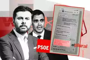 Dos hombres en traje aparecen en un montaje gráfico junto a una captura de pantalla de un chat de WhatsApp con el logo del PSOE y elplural.