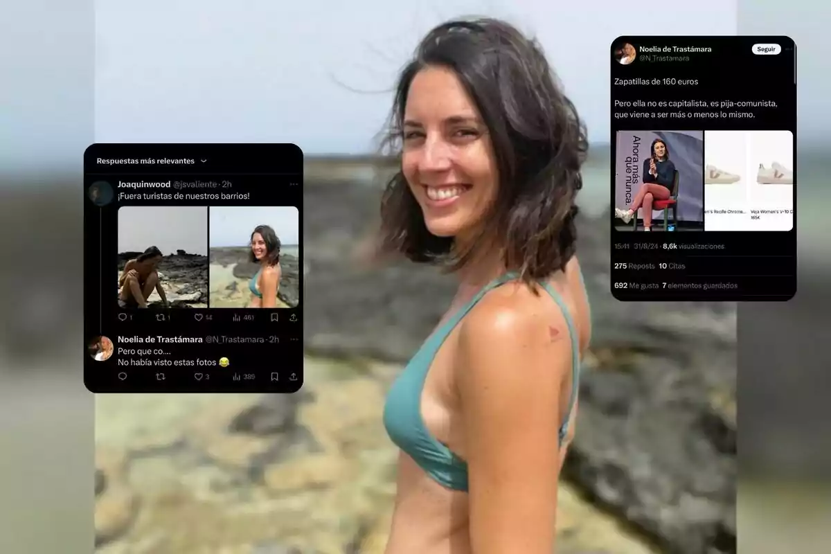 Una mujer sonriente en la playa con capturas de pantalla de tweets sobre ella.