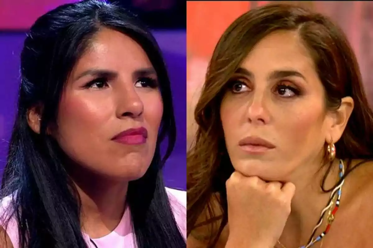 Isa Pantoja with a neutral expression in De Viernes on the left with Anabel Pantoja with an angry expression in Sálvame on the right.