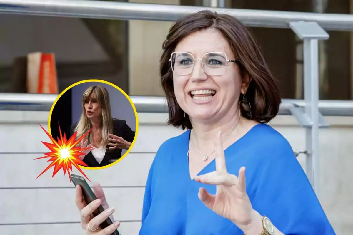 Una mujer sonriente con gafas y blusa azul sostiene un teléfono móvil, con una imagen insertada de otra mujer gesticulando dentro de un círculo amarillo con un efecto de explosión.