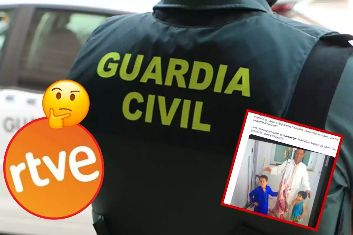 Un agente de la Guardia Civil con un chaleco que lleva la inscripción "GUARDIA CIVIL" en letras amarillas, junto a un logotipo de RTVE y una imagen de un hombre con dos niños.