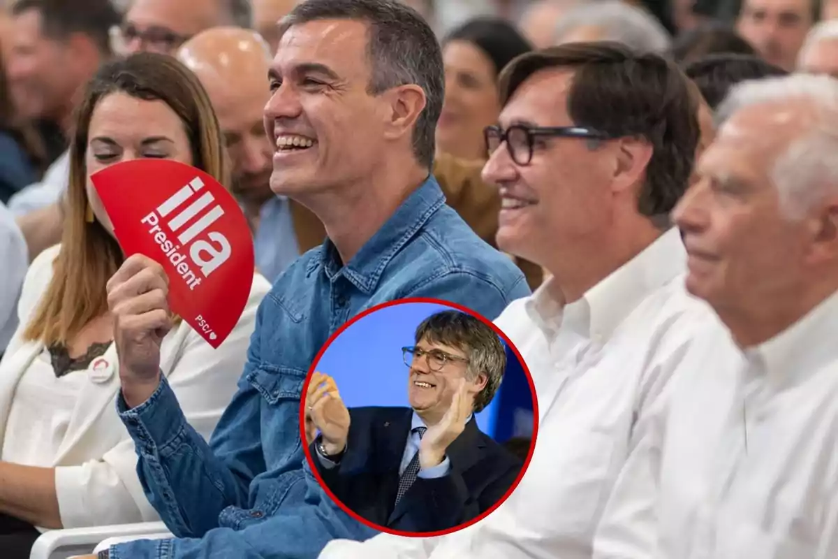 Personas en un evento político, una de ellas sostiene un abanico rojo con la inscripción "illa President" y en la parte inferior hay un recuadro con la imagen de otra persona aplaudiendo.