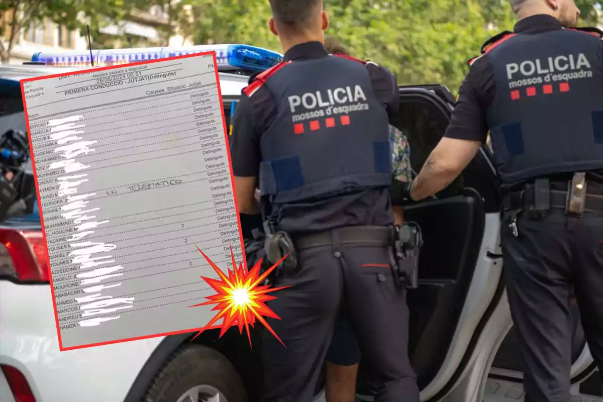 Policías de los Mossos d'Esquadra detienen a una persona y en la imagen se muestra un documento con nombres parcialmente censurados.