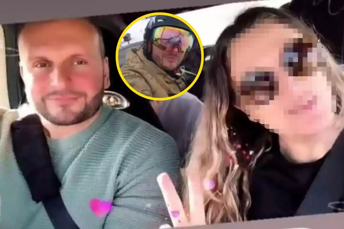 Tres personas en un coche, dos de ellas con el rostro pixelado, y una imagen insertada de un hombre con gafas de esquí.