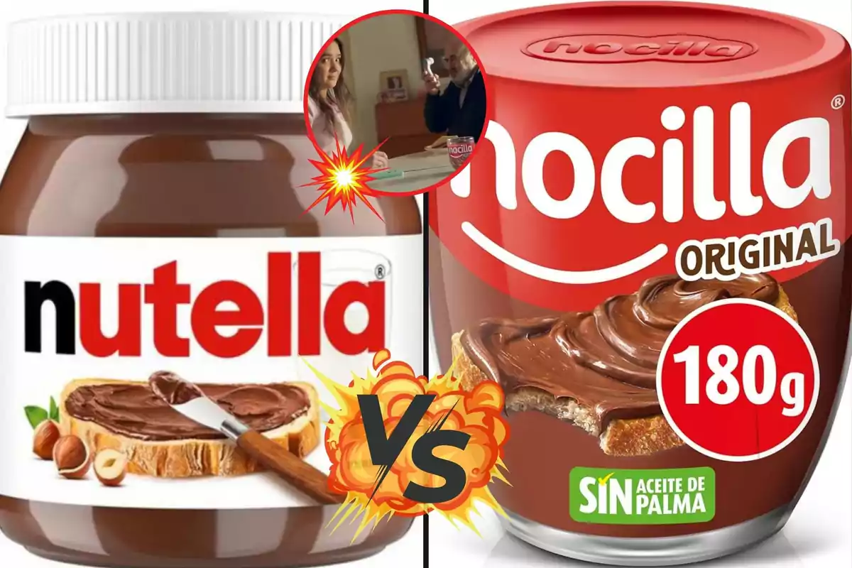 Comparación entre Nutella y Nocilla con un círculo en la parte superior mostrando a dos personas.