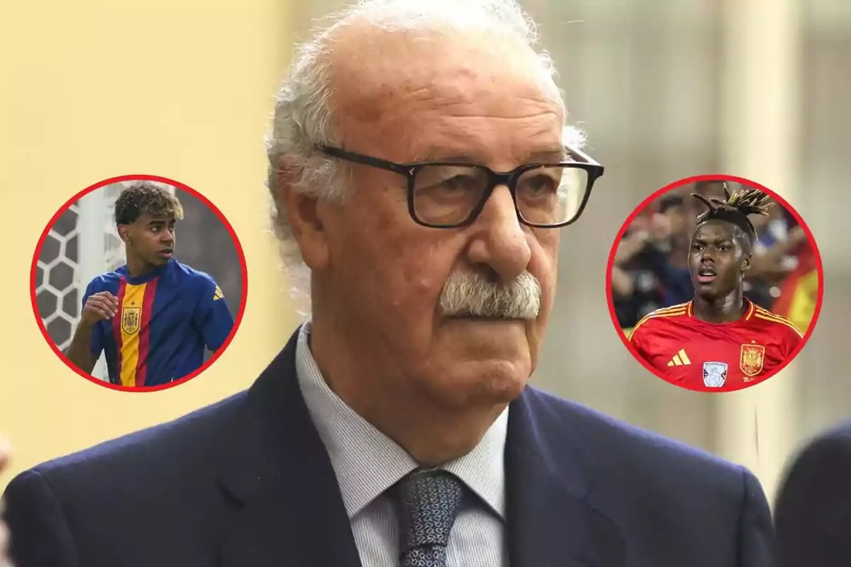 Un hombre mayor con gafas y bigote, con dos imágenes circulares de jugadores de fútbol jóvenes a los lados.