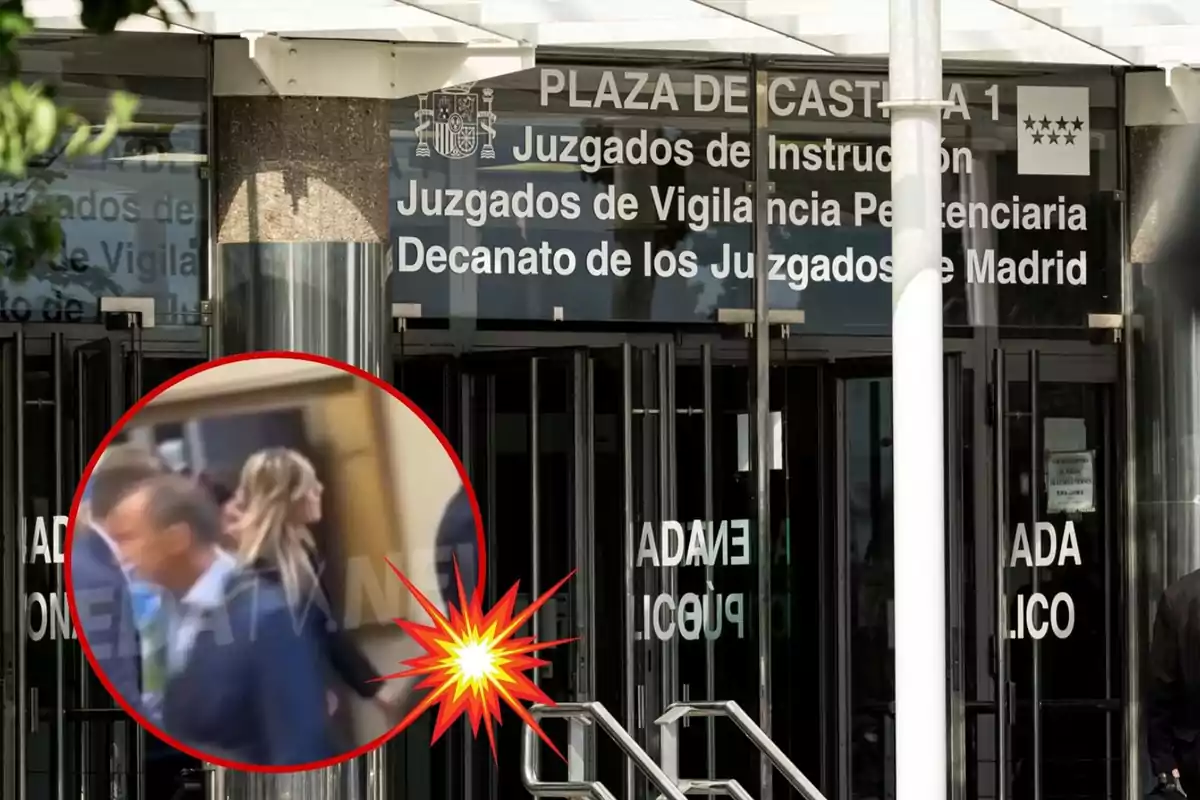 La imagen muestra la entrada de los Juzgados de Instrucción y de Vigilancia Penitenciaria en Plaza de Castilla, Madrid, con un recuadro en la esquina inferior izquierda que destaca a una persona entrando al edificio.