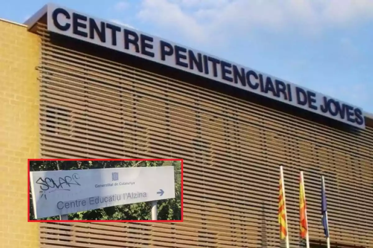 Edificio del Centre Penitenciari de Joves con un cartel del Centre Educatiu l'Alzina en la esquina inferior izquierda.