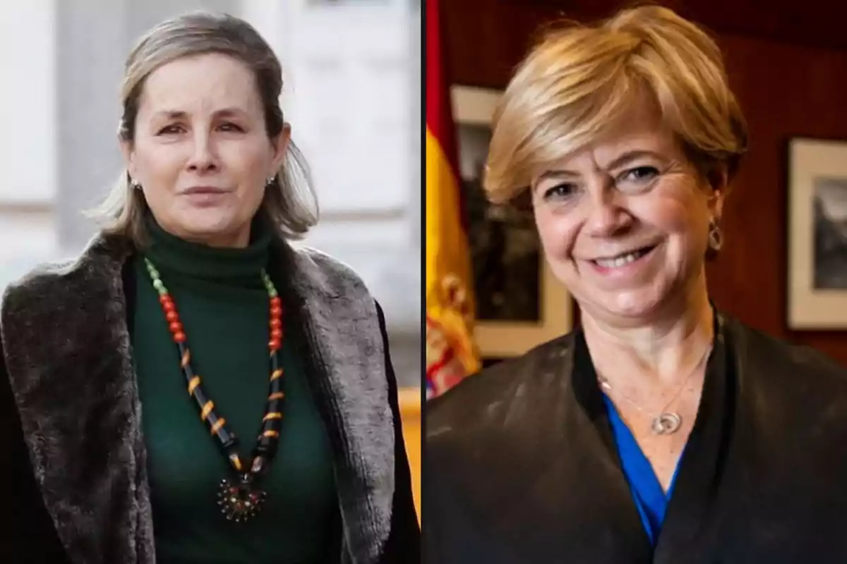 Dos mujeres maduras, una con un suéter verde y collar de cuentas, y la otra con una chaqueta negra y blusa azul, posan en diferentes entornos.