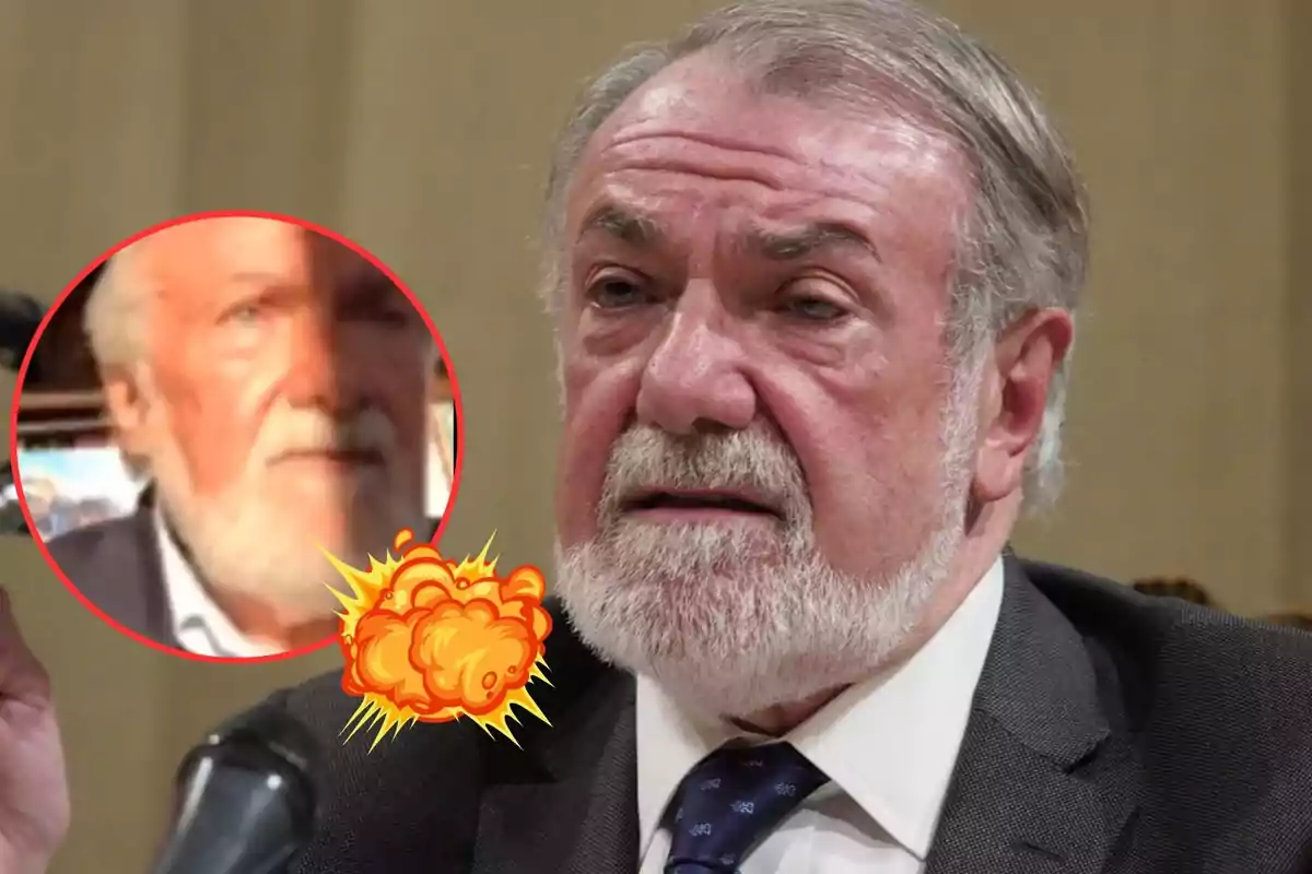 Un hombre mayor con barba blanca aparece en primer plano, mientras que en un círculo rojo se muestra otra imagen de él con una explosión animada superpuesta.