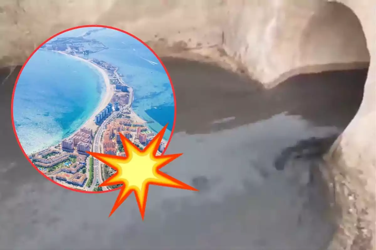Vista aérea de una playa con un círculo resaltando una zona específica y un símbolo de explosión.