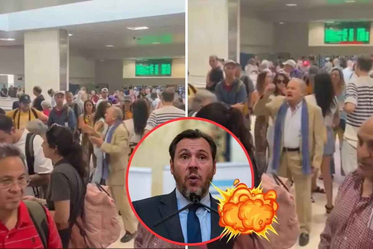 Una multitud de personas se encuentra en lo que parece ser una estación de tren o aeropuerto, con un hombre enojado en el centro de la imagen y una foto de un hombre con expresión sorprendida en un círculo rojo en la parte inferior derecha.