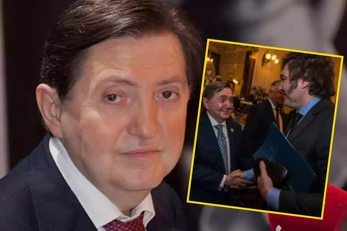 Primer plano de un hombre con una imagen insertada en la esquina inferior derecha que muestra al mismo hombre estrechando la mano de otra persona en un evento formal.