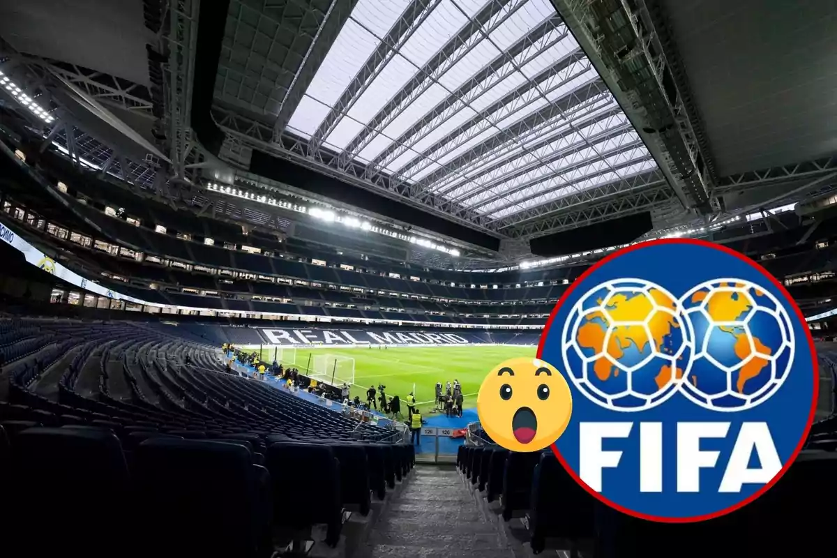 Estadio de fútbol del Real Madrid con logotipo de la FIFA y un emoji sorprendido.