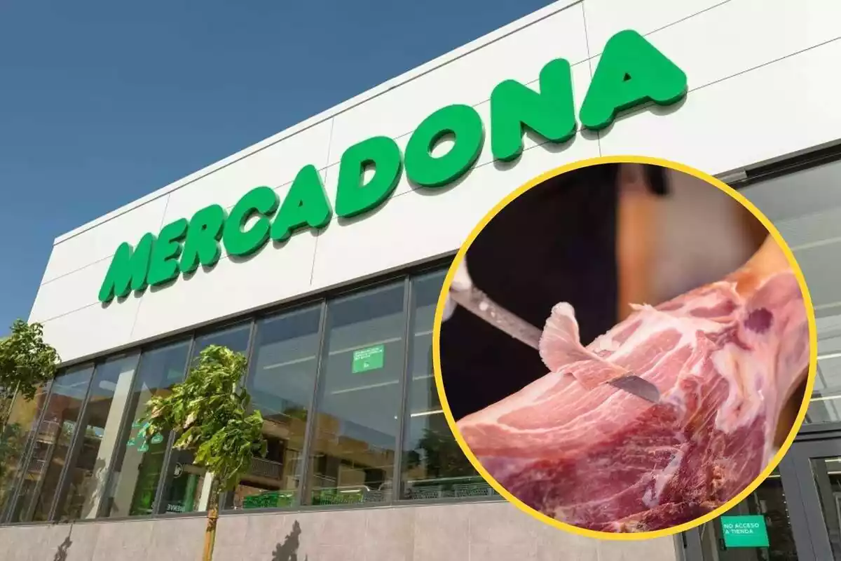 Montaje con el exterior de una tienda de Mercadona y un círculo con alguien cortando un jamón serrano