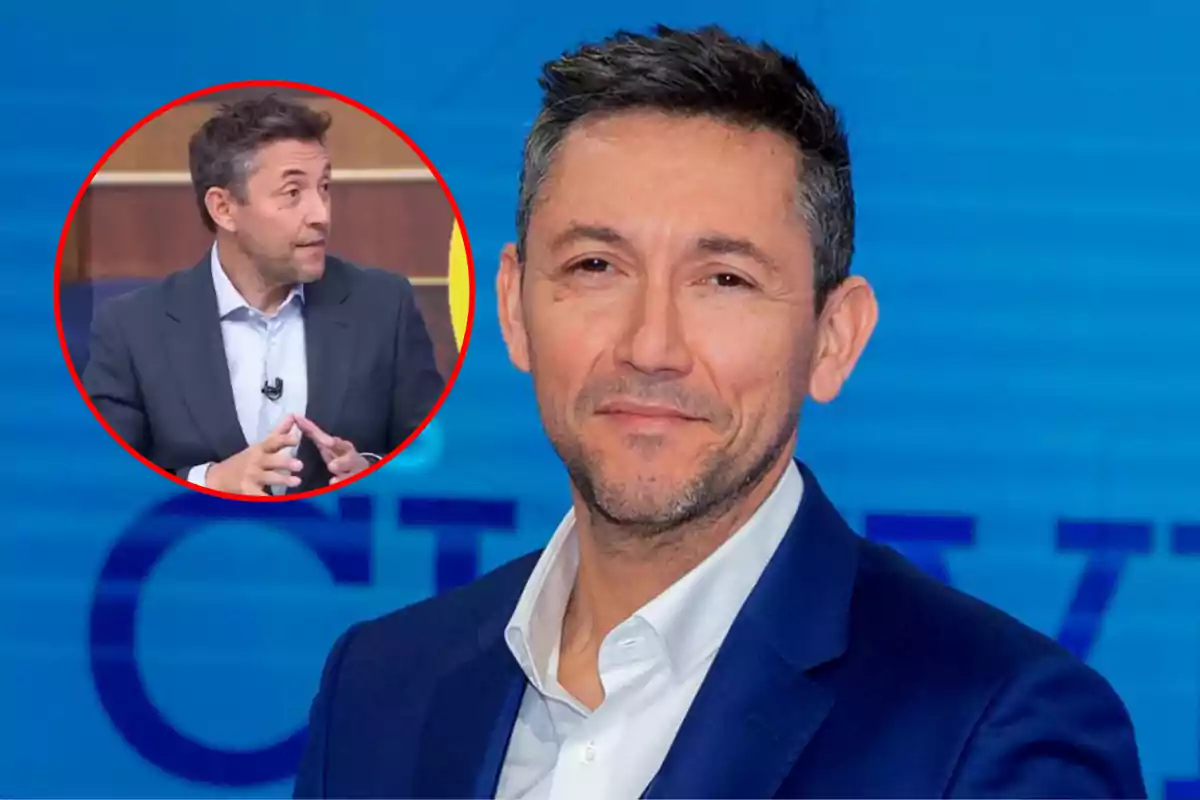 Un hombre con traje azul oscuro y camisa blanca sonríe frente a un fondo azul, mientras en un recuadro rojo se muestra al mismo hombre hablando y gesticulando en un estudio de televisión.