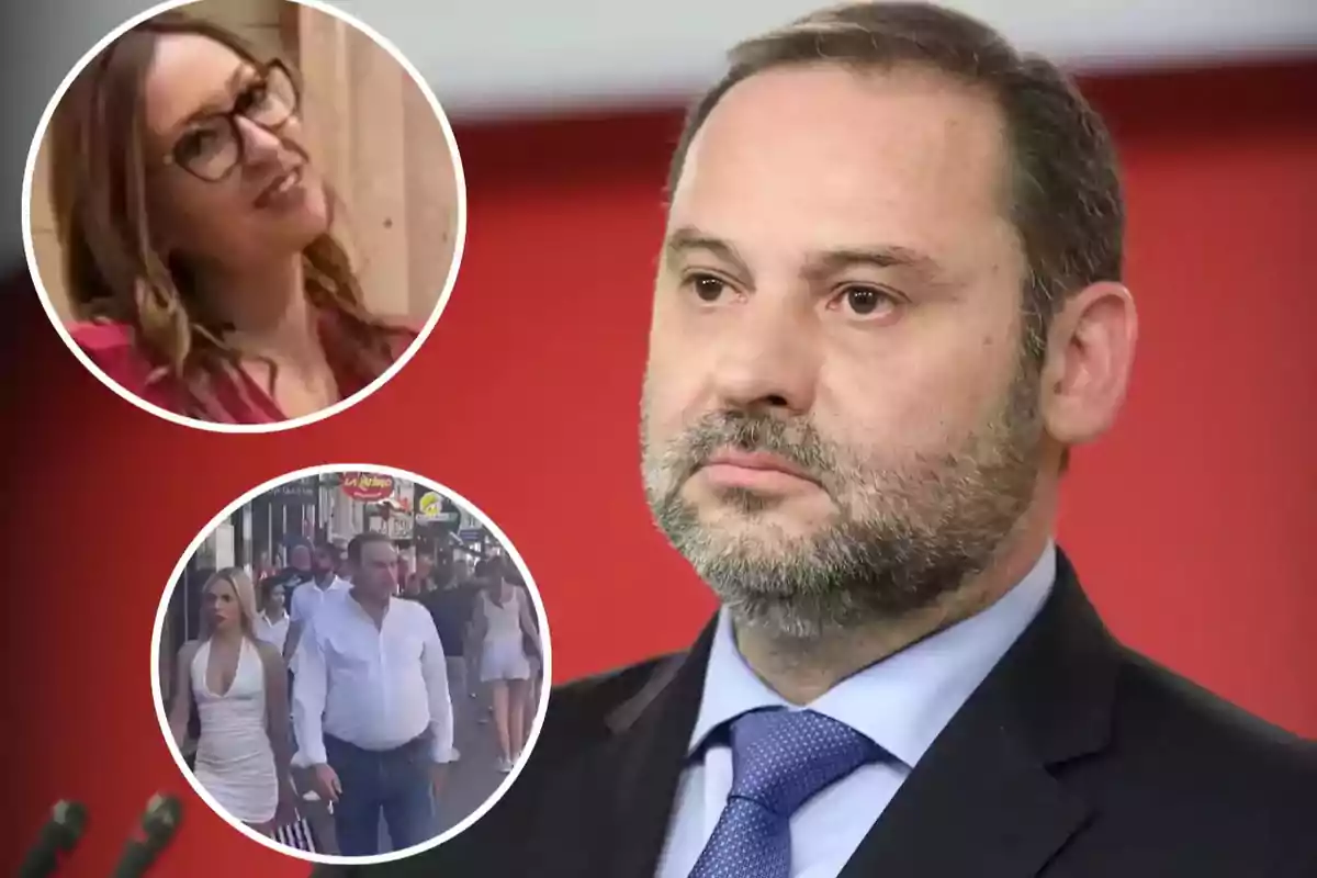 Hombre de traje con expresión seria en primer plano y dos recuadros circulares mostrando a una mujer con gafas y a una pareja caminando por una calle concurrida Hombre de traje con expresión seria en primer plano y dos recuadros circulares mostrando a una mujer con gafas y a una pareja caminando por una calle concurrida