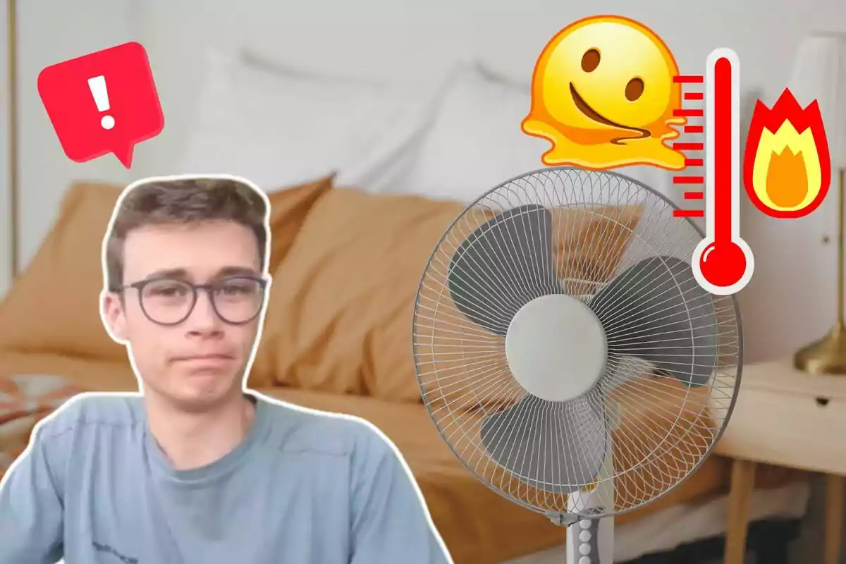 Un joven con gafas y expresión de incomodidad junto a un ventilador, con emojis que representan calor extremo.