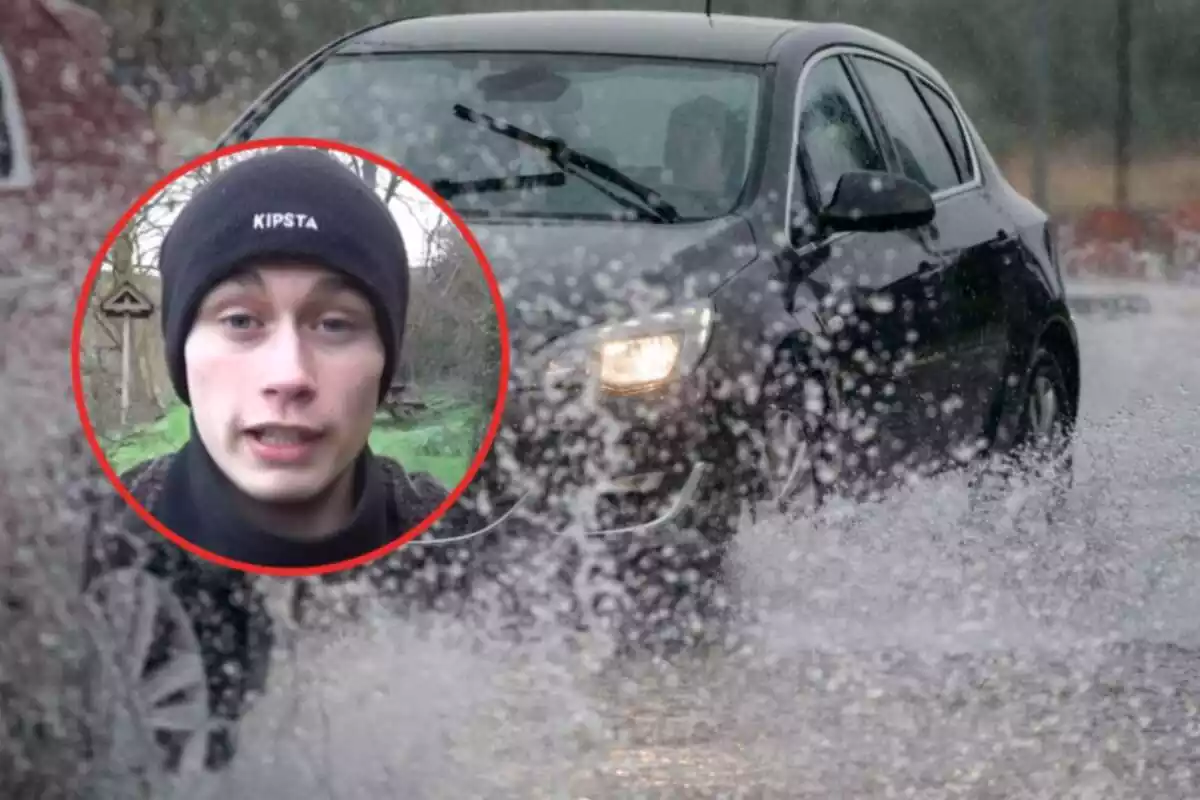 Montage with Jorge Rey and a car crossing a large puddle of water