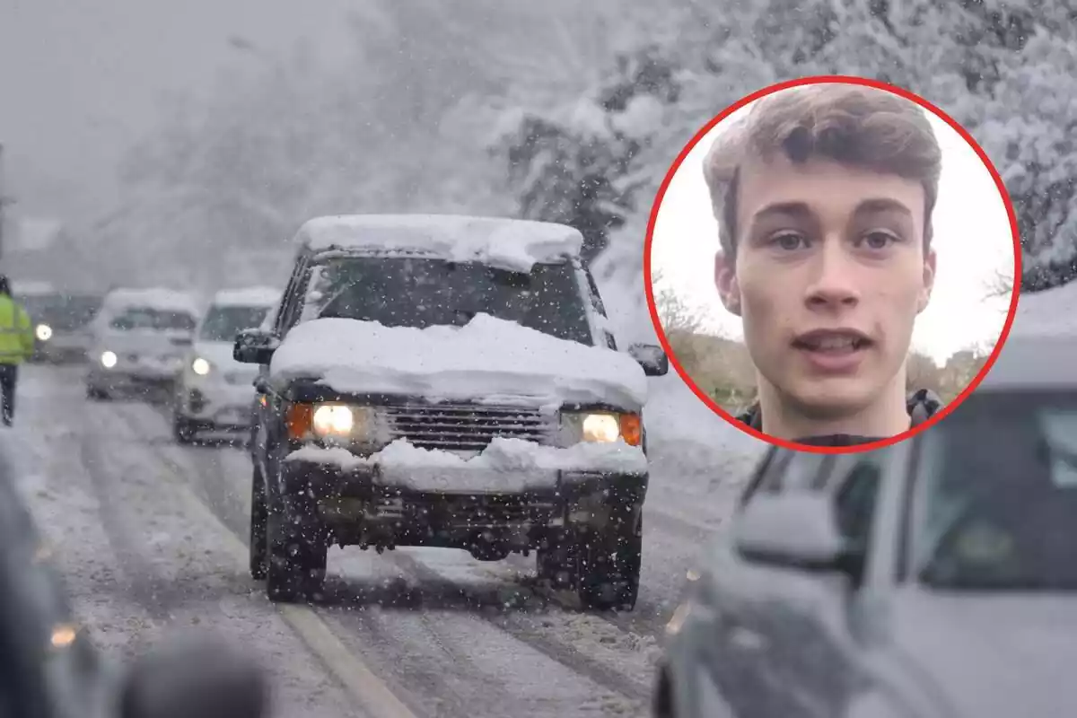 Montage with a car going through a heavy snowfall and Jorge Rey in a red circle