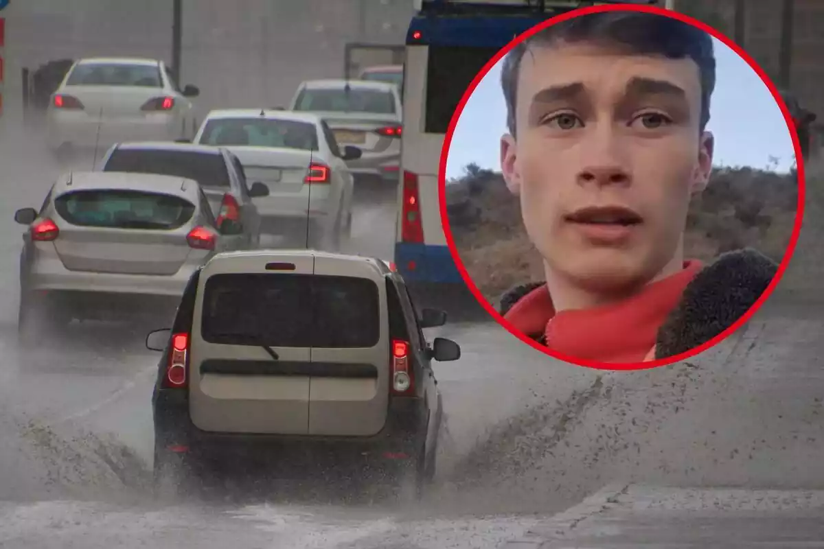 Image of Jorge Rey in the foreground and another of several cars on a road with rain and water