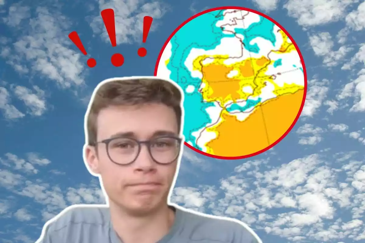 Jorge Rey con gafas y expresión de sorpresa aparece frente a un cielo azul con nubes, acompañado de un mapa meteorológico en un círculo rojo y signos de exclamación rojos sobre su cabeza.