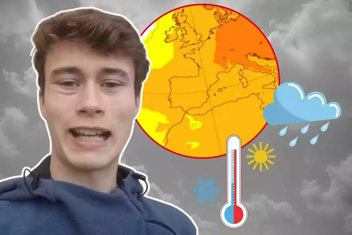 Un joven con expresión facial frente a un fondo de nubes grises y un gráfico de mapa de calor con iconos de clima.