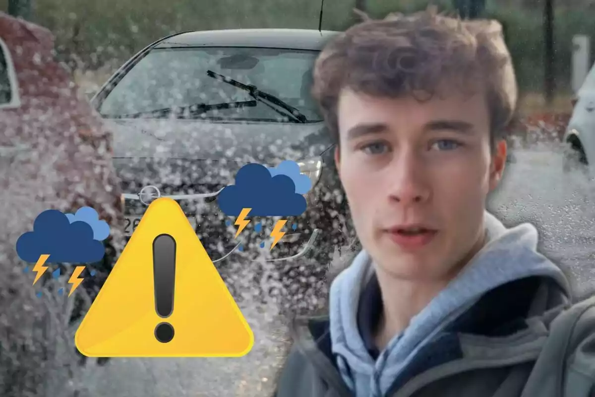 Un joven frente a un coche bajo la lluvia con un símbolo de advertencia y nubes de tormenta.