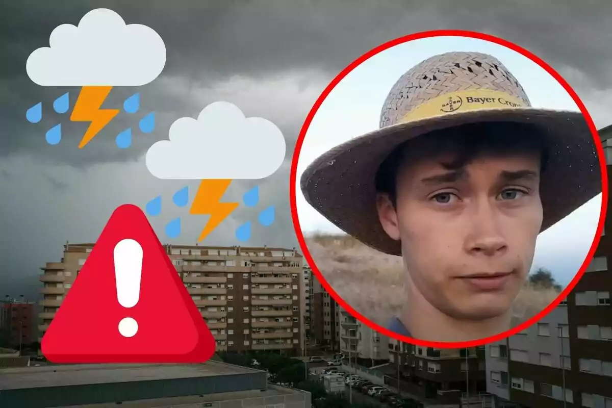 Un joven con sombrero de paja aparece en un círculo rojo sobre una imagen de edificios bajo un cielo nublado con iconos de nubes, rayos y gotas de lluvia, además de un signo de exclamación en un triángulo rojo.