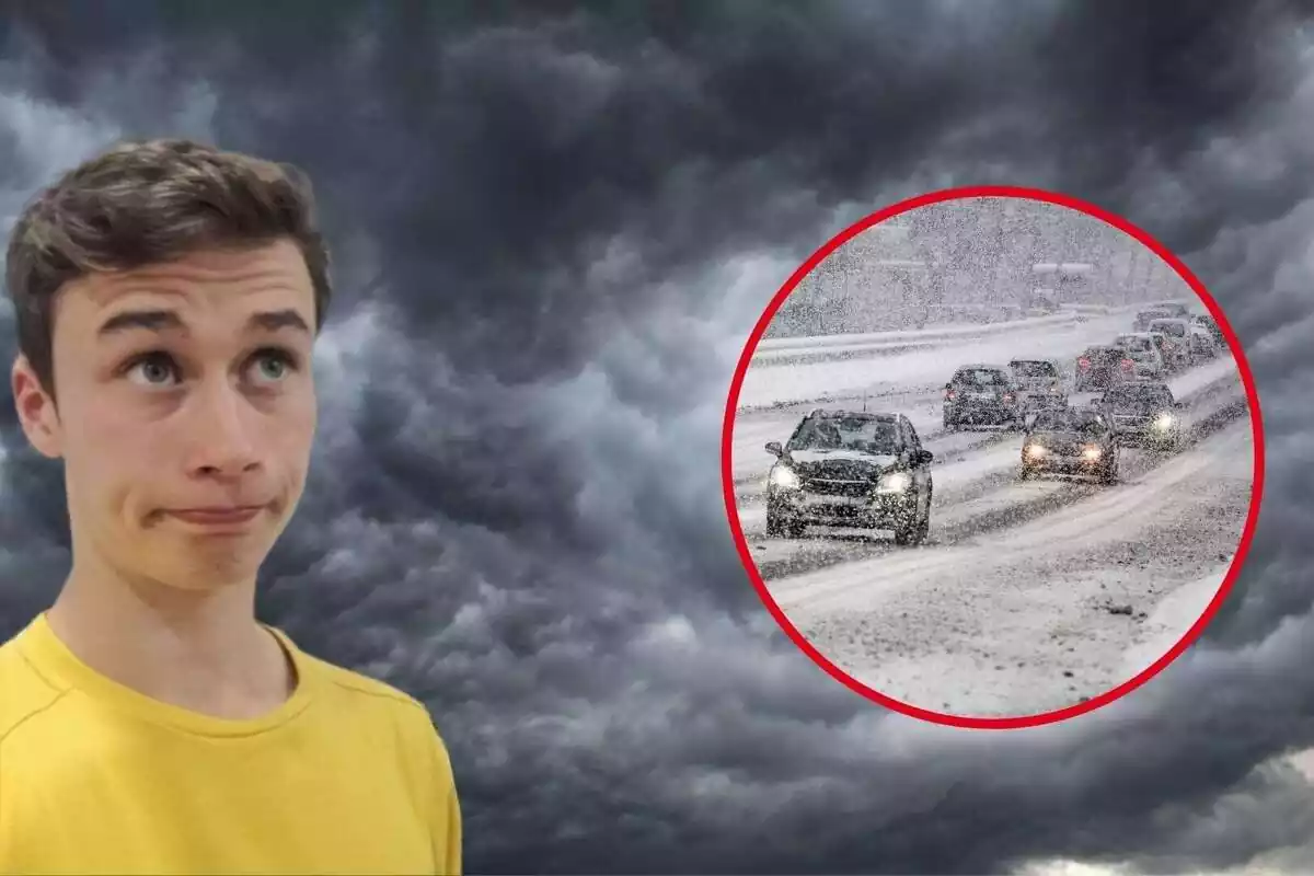 Montaje con una imagen de fondo de un cielo negro, una imagen de Jorge Rey superpuesta y otra imagen en un círculo de una carretera con coches nevada Montaje con una imagen de fondo de un cielo negro, una imagen de Jorge Rey superpuesta y otra imagen en un círculo de una carretera con coches nevada
