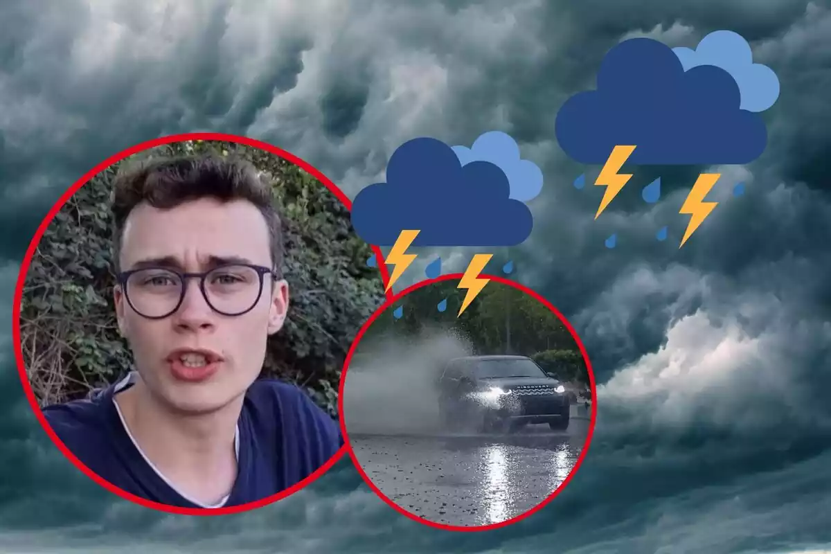 Imagen de fondo de unas nubes negras, con emoticonos de tormenta y otras dos imágenes, una de Jorge Rey en primer plano, y otra de un coche por una carretera mojada
