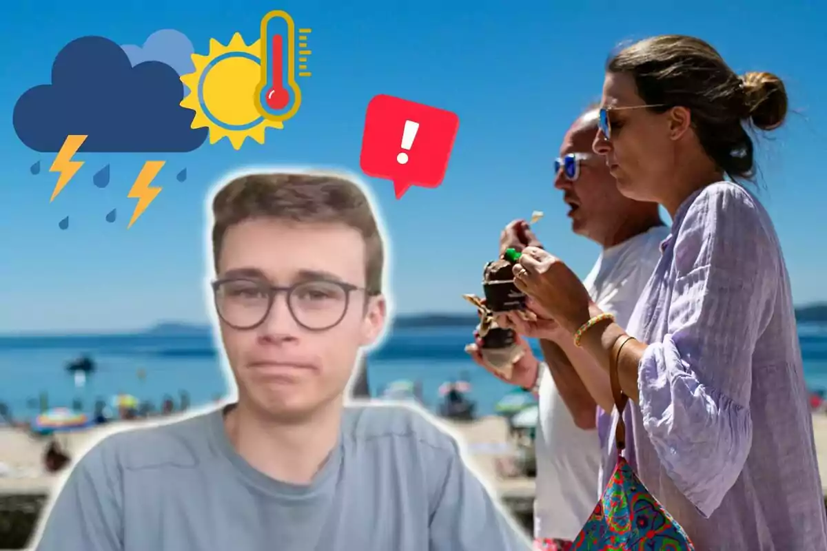 Una pareja disfruta de helados en la playa mientras Jorge Rey con expresión de incertidumbre aparece en primer plano, acompañado de iconos de clima variado y una señal de advertencia.
