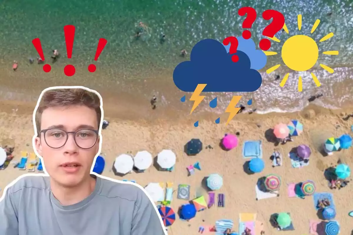Imagen de fondo de una playa de la Costa Brava, junto a un primer plano de Jorge Rey y unos emoticonos de un sol, una tormenta y unos interrogantes