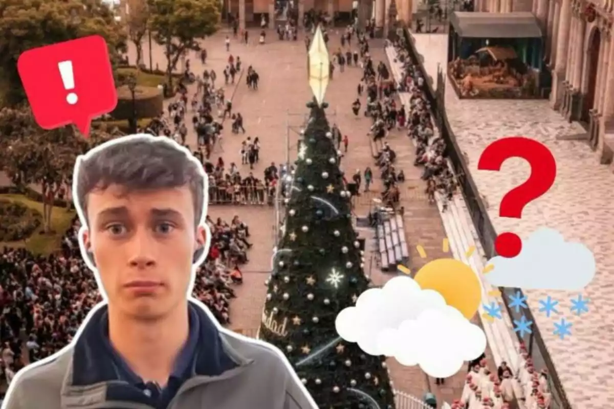 Un joven con expresión de sorpresa y confusión está superpuesto sobre una imagen de una plaza concurrida con un árbol de Navidad grande en el centro; hay íconos de un signo de exclamación, un signo de interrogación y símbolos del clima alrededor de su cabeza.