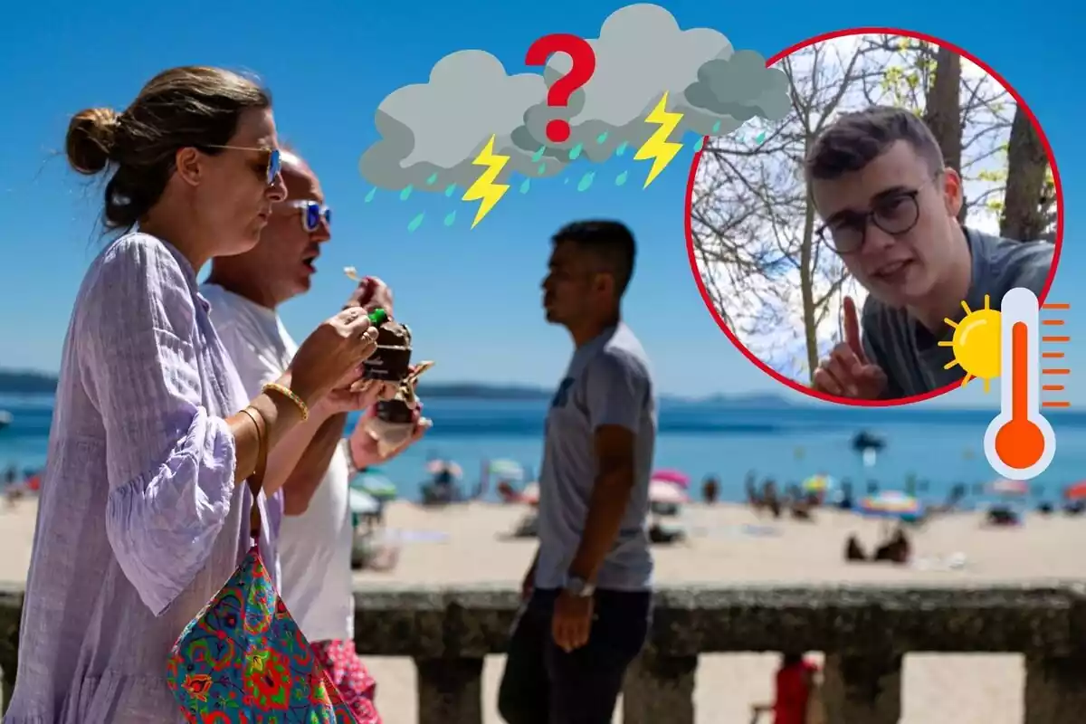 Imagen de fondo de varias personas paseando por un paseo marítimo comiendo helado con la playa llena de fondo, además de una imagen en primer plano de Jorge Rey, con varios emoticonos de tormentas y un termómetro con un sol