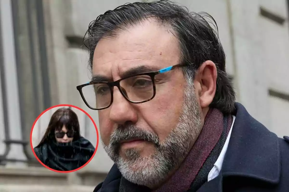 A man with glasses and a beard is in the foreground, while in a red circle there is a person with sunglasses and a scarf.