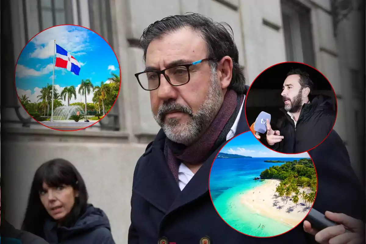 A man with glasses and a beard appears in the foreground, with two overlapping circular images showing a tropical beach and a flag waving in a park.