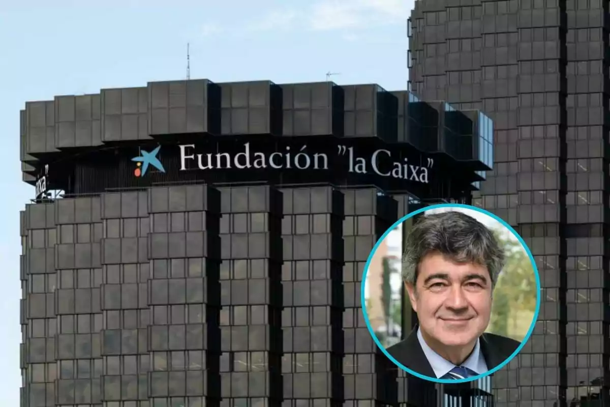 Edificio de la Fundación "la Caixa" con un retrato de un hombre en un círculo superpuesto.