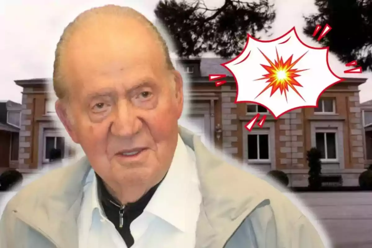 An elderly man in front of a building with a blast graphic next to it.