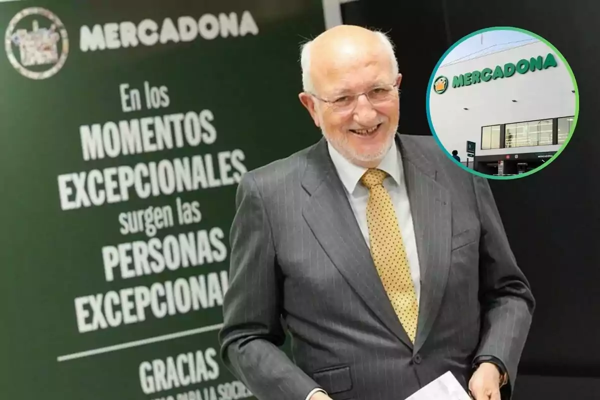 Un hombre mayor sonriente con traje y corbata está frente a un cartel de Mercadona que dice "En los momentos excepcionales surgen las personas excepcionales" y un recuadro muestra la fachada de una tienda Mercadona.