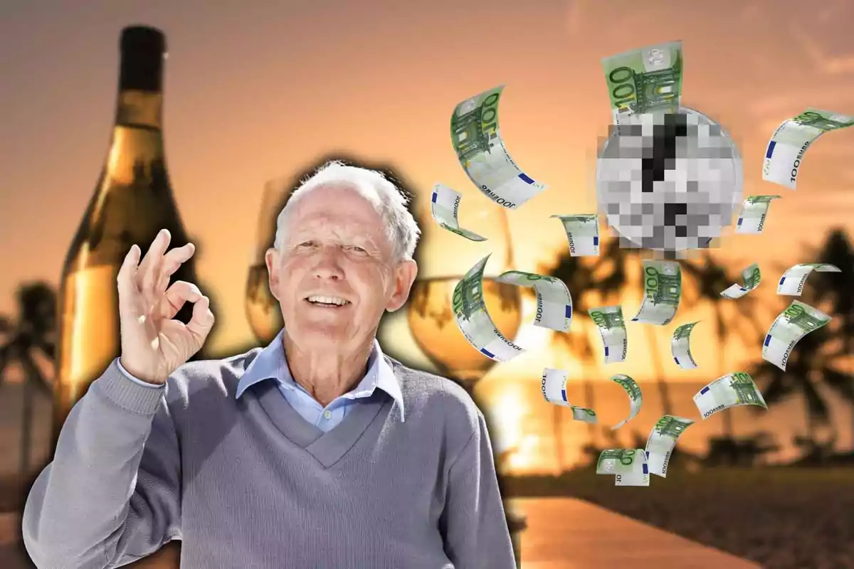 Un hombre mayor sonriente hace un gesto de "OK" con la mano mientras billetes de euro flotan a su alrededor, con una botella de vino y copas en el fondo al atardecer.