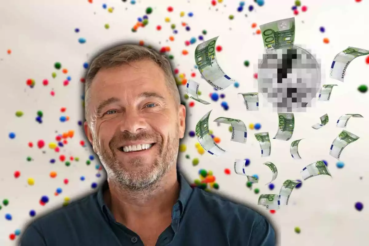 Hombre sonriente con billetes de euro y confeti de colores en el fondo.