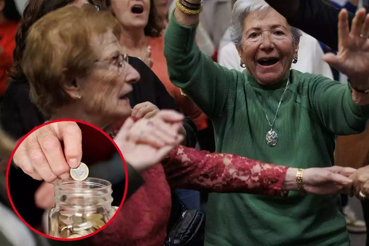 Imagen de fondo de dos mujeres mayores bailando y felices junto a otra imagen de un bote con monedas y la mano de una persona metiendo dentro un euro