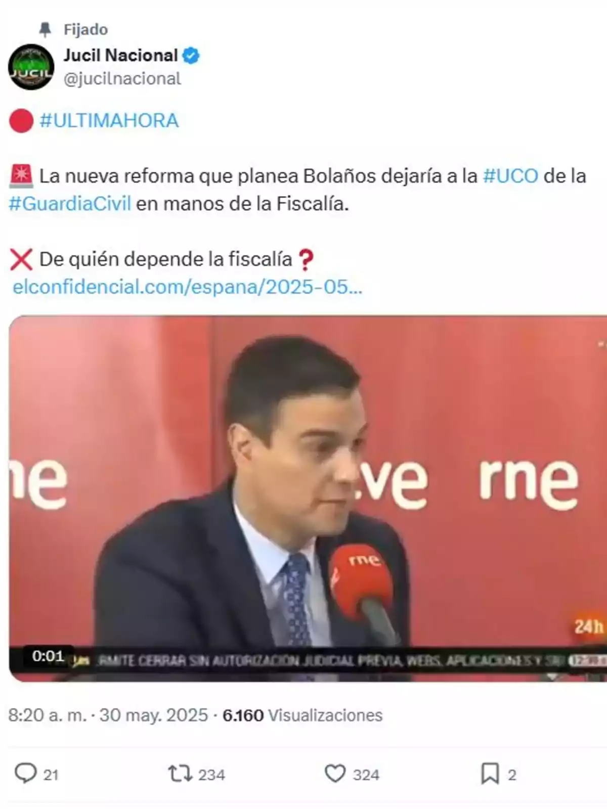 Publicación de Twitter de Jucil Nacional con una noticia sobre una reforma que dejaría a la UCO de la Guardia Civil en manos de la Fiscalía, acompañada de una imagen de un hombre en una entrevista en RNE Publicación de Twitter de Jucil Nacional con una noticia sobre una reforma que dejaría a la UCO de la Guardia Civil en manos de la Fiscalía, acompañada de una imagen de un hombre en una entrevista en RNE