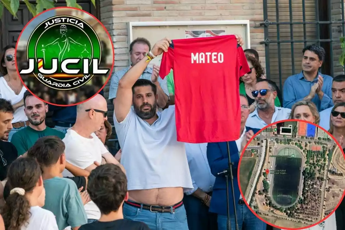 Un hombre sostiene una camiseta roja con el nombre "MATEO" frente a una multitud, con el logo de JUCIL Guardia Civil y una imagen aérea de un campo de fútbol enmarcados en círculos rojos.